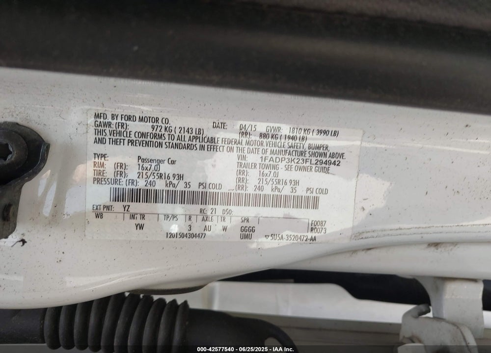 2015 FORD FOCUS VIN: 1FADP3K23FL294942