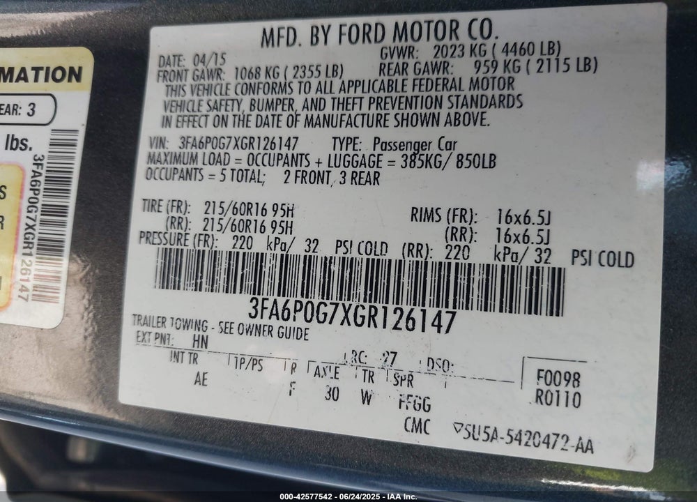 2016 FORD FUSION VIN: 3FA6P0G7XGR126147
