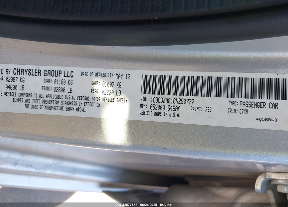 2012 DODGE AVENGER VIN: 1C3CDZAG1CN290777