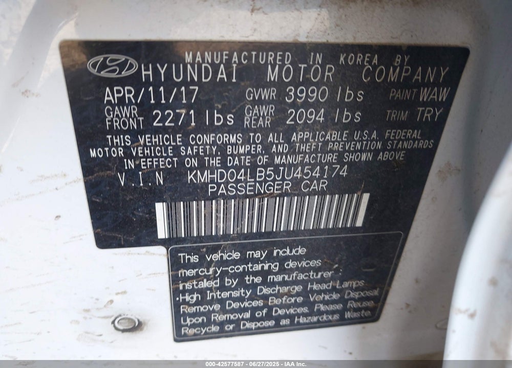 2018 HYUNDAI ELANTRA VIN: KMHD04LB5JU454174