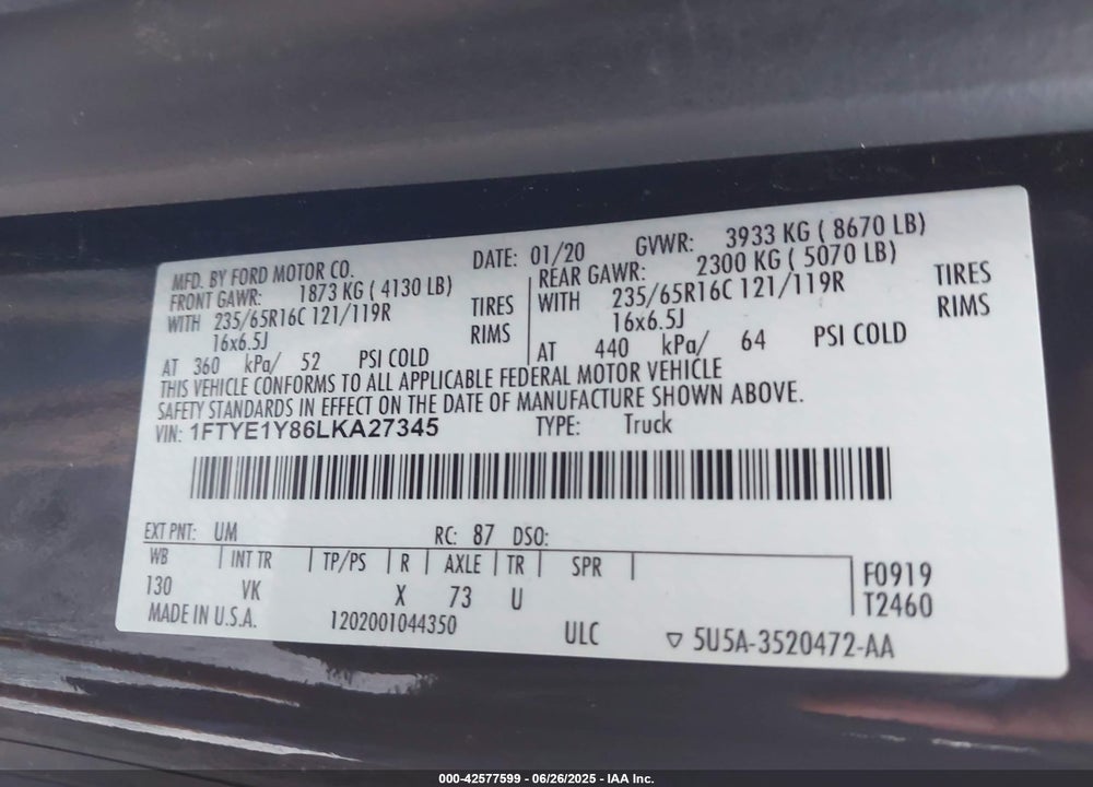 2020 FORD TRANSIT-150 VIN: 1FTYE1Y86LKA27345