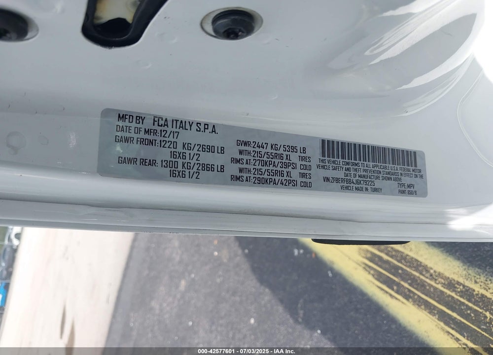 2018 RAM PROMASTER CITY VIN: ZFBERFBB4J6K79225