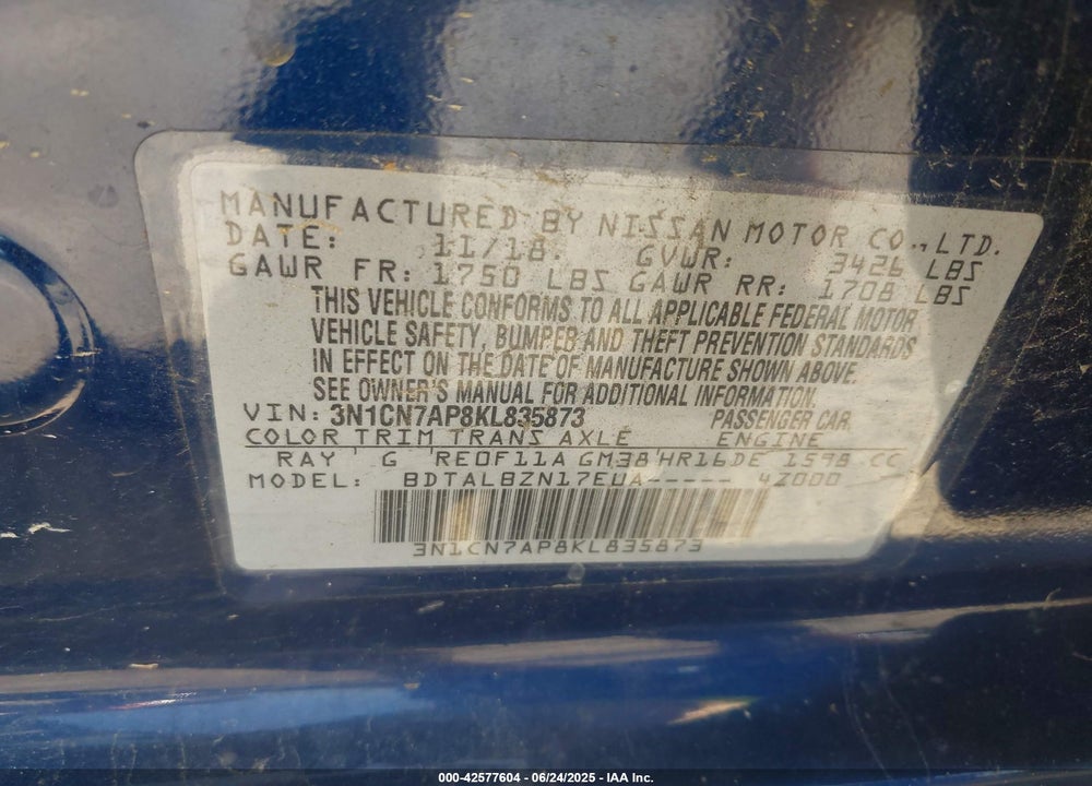 2019 NISSAN VERSA VIN: 3N1CN7AP8KL835873