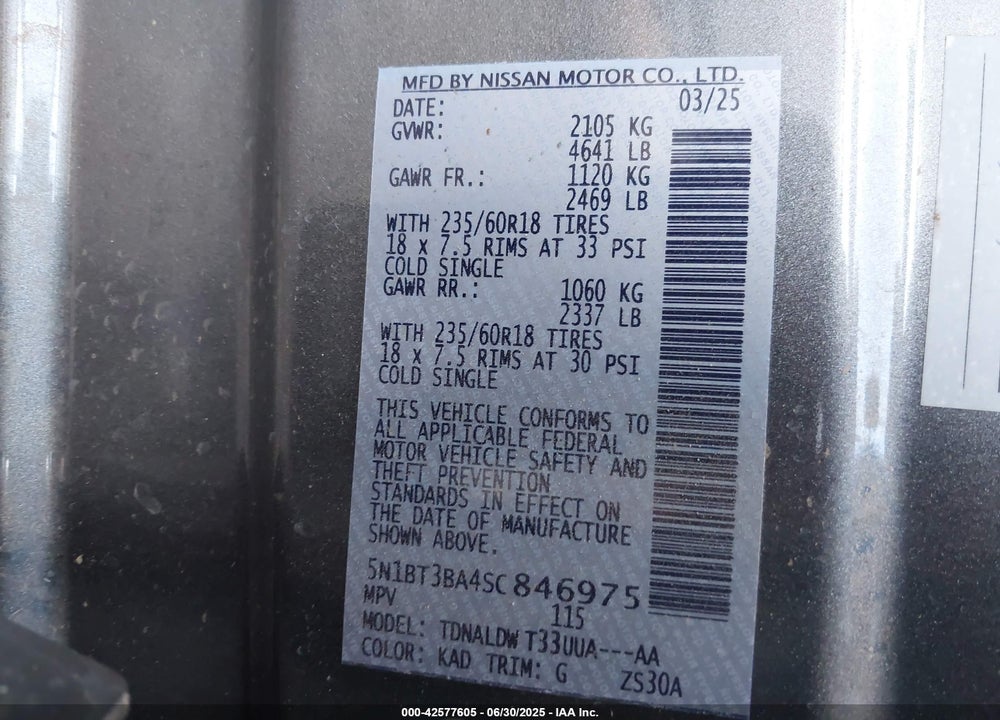2025 NISSAN ROGUE VIN: 5N1BT3BA4SC846975