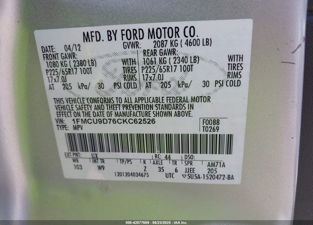2012 FORD ESCAPE VIN: 1FMCU9D76CKC62526