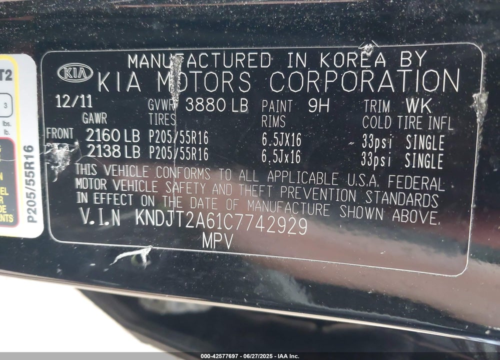 2012 KIA SOUL VIN: KNDJT2A61C7742929