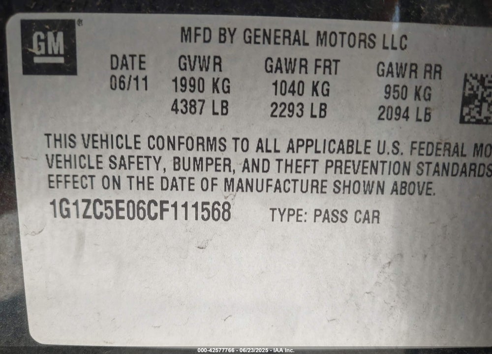 2012 CHEVROLET MALIBU VIN: 1G1ZC5E06CF111568