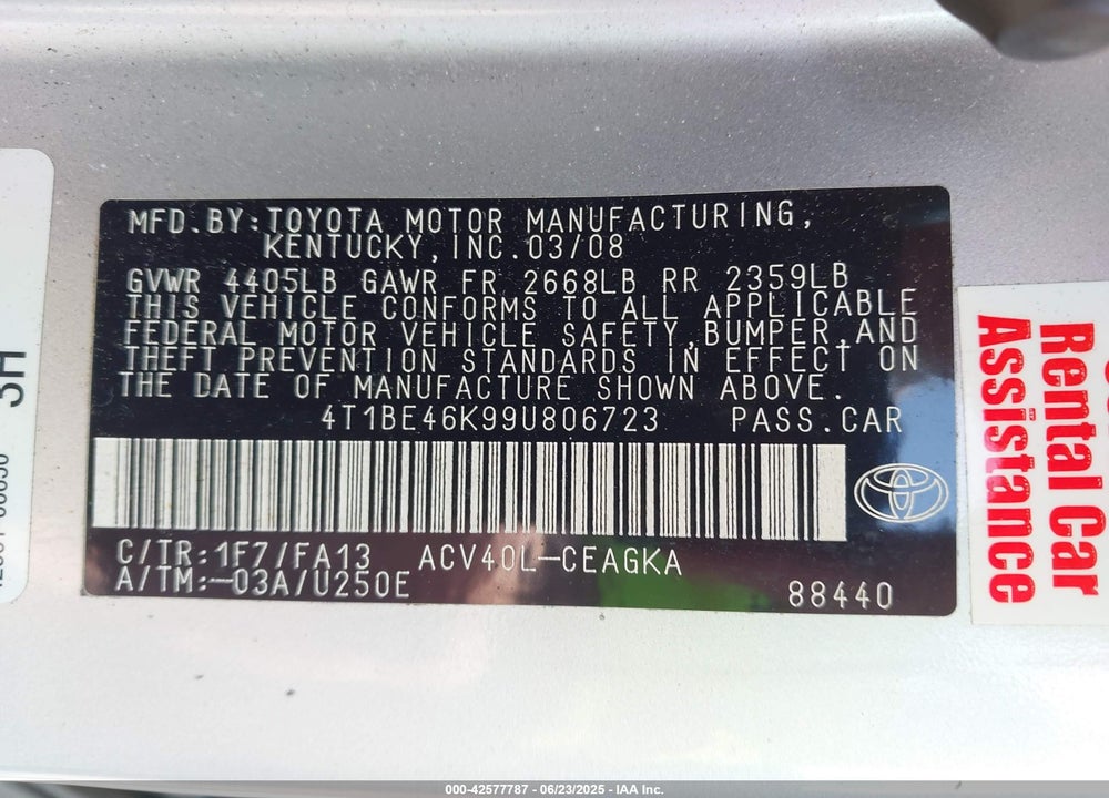 2009 TOYOTA CAMRY VIN: 4T1BE46K99U806723