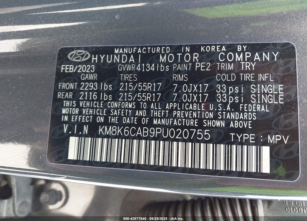 2023 HYUNDAI KONA SEL VIN: KM8K6CAB9PU020755