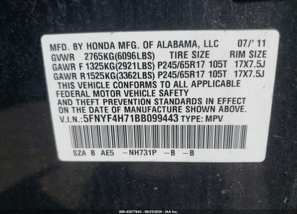 2011 HONDA PILOT EX-L VIN: 5FNYF4H71BB099443