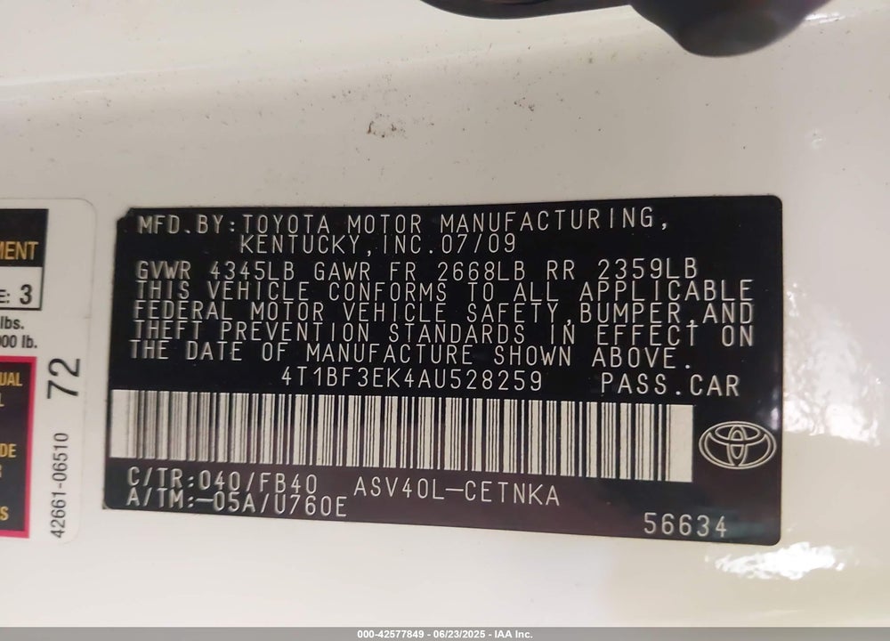 2010 TOYOTA CAMRY VIN: 4T1BF3EK4AU528259