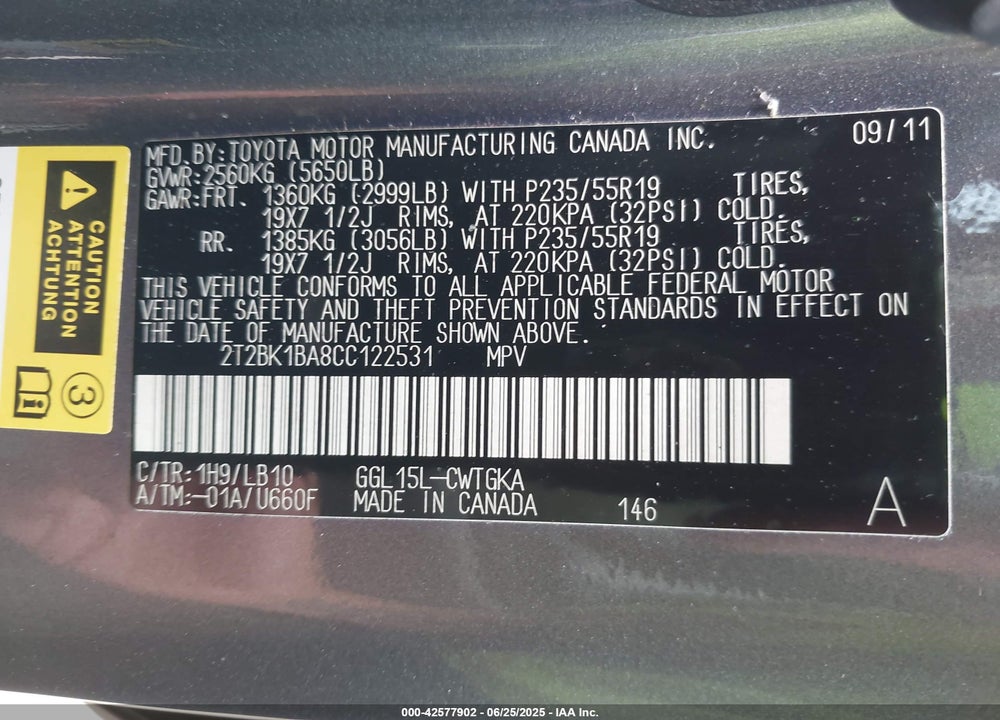 2012 LEXUS RX 350 VIN: 2T2BK1BA8CC122531