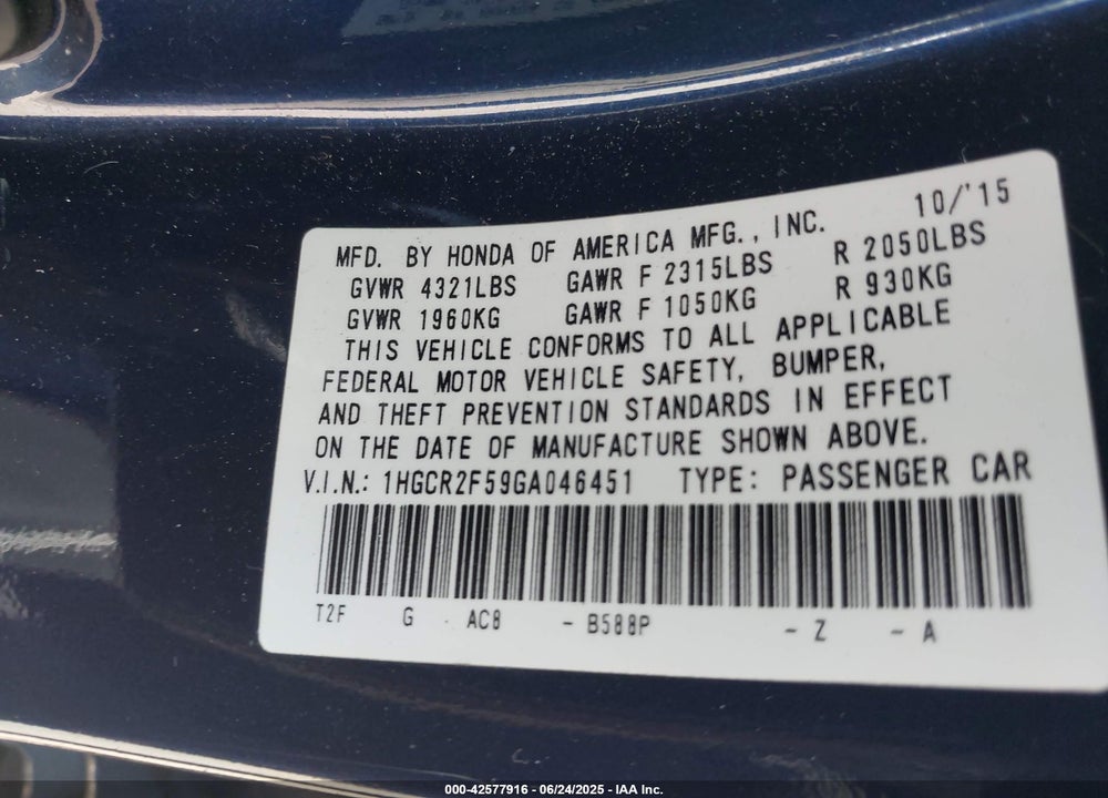 2016 HONDA ACCORD VIN: 1HGCR2F59GA046451