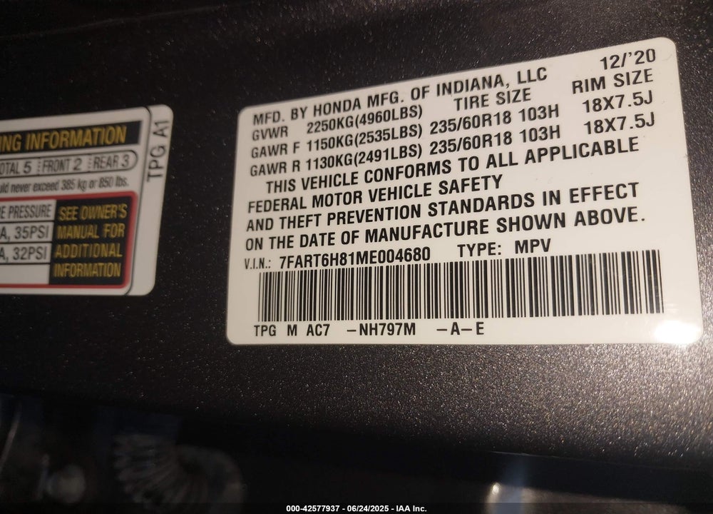 2021 HONDA CR-V HYBRID VIN: 7FART6H81ME004680