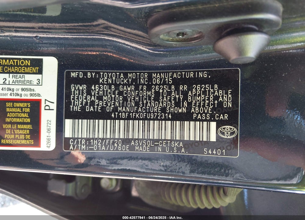 2015 TOYOTA CAMRY VIN: 4T1BF1FK0FU972314