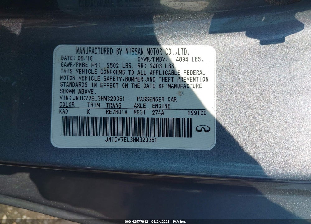 2017 INFINITI Q60 VIN: JN1CV7EL3HM320351