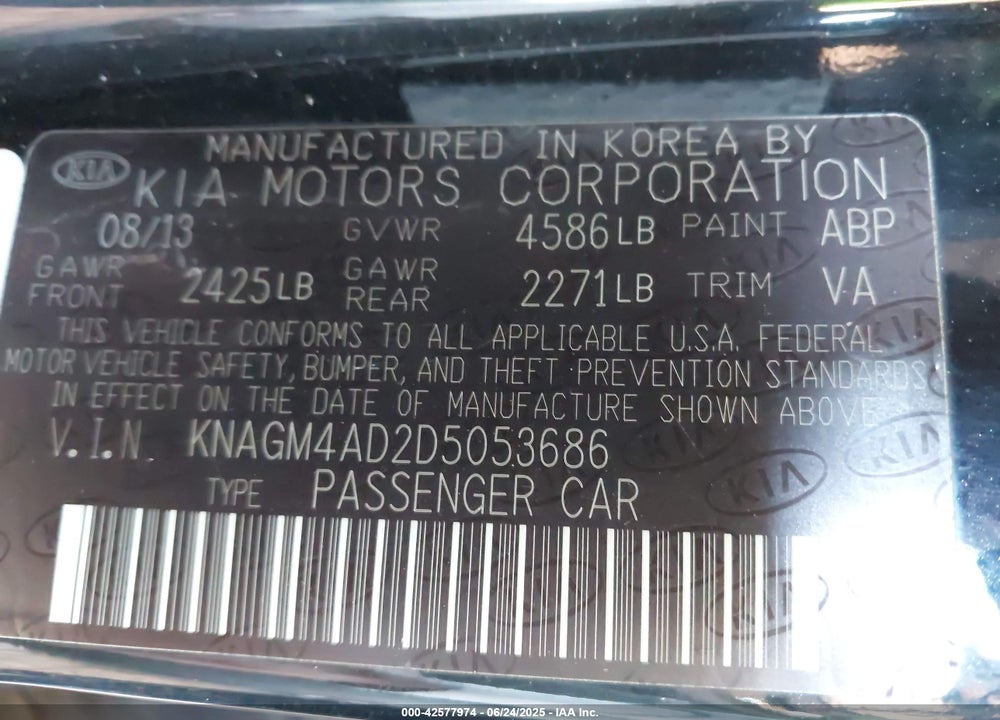 2013 KIA OPTIMA HYBRID VIN: KNAGM4AD2D5053686