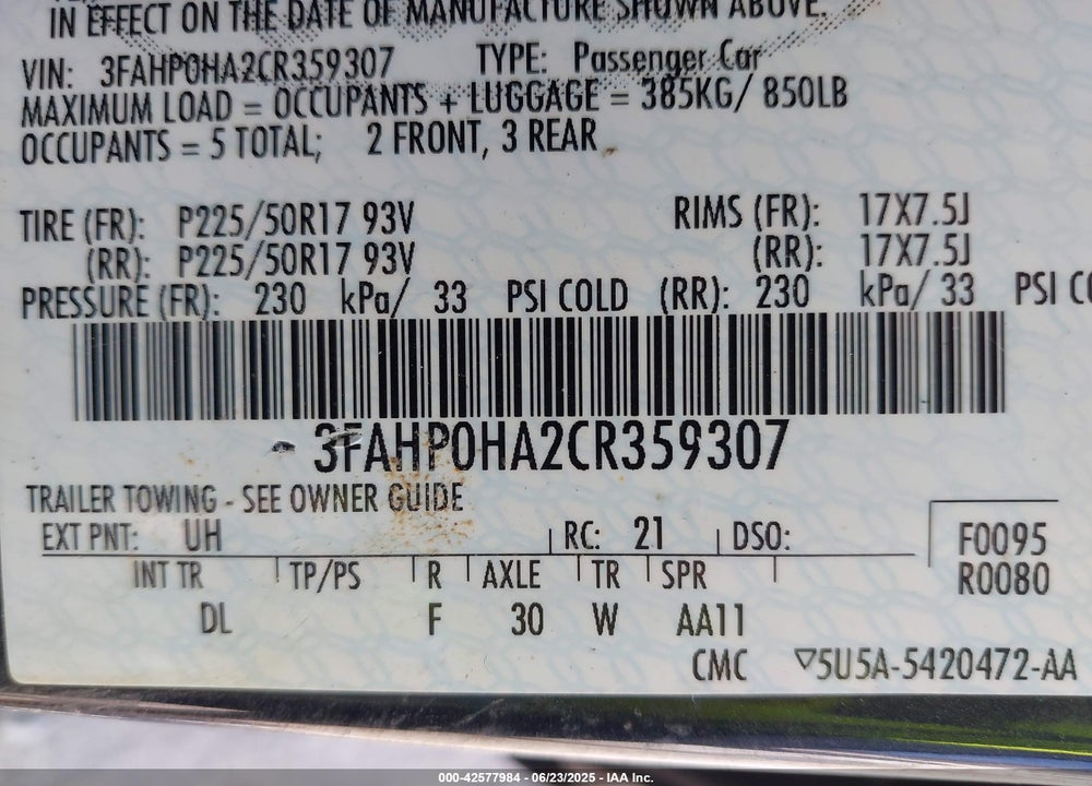 2012 FORD FUSION VIN: 3FAHP0HA2CR359307
