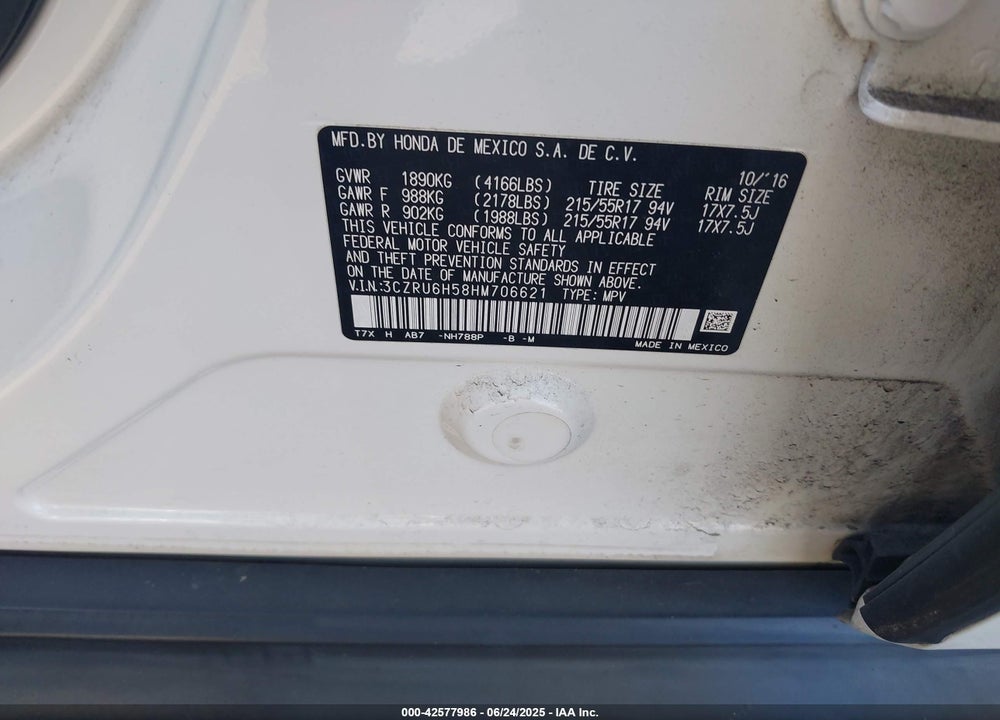 2017 HONDA HR-V VIN: 3CZRU6H58HM706621