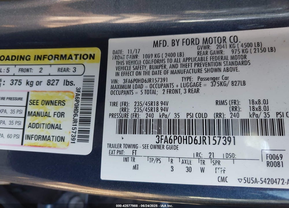 2018 FORD FUSION VIN: 3FA6P0HD6JR157391