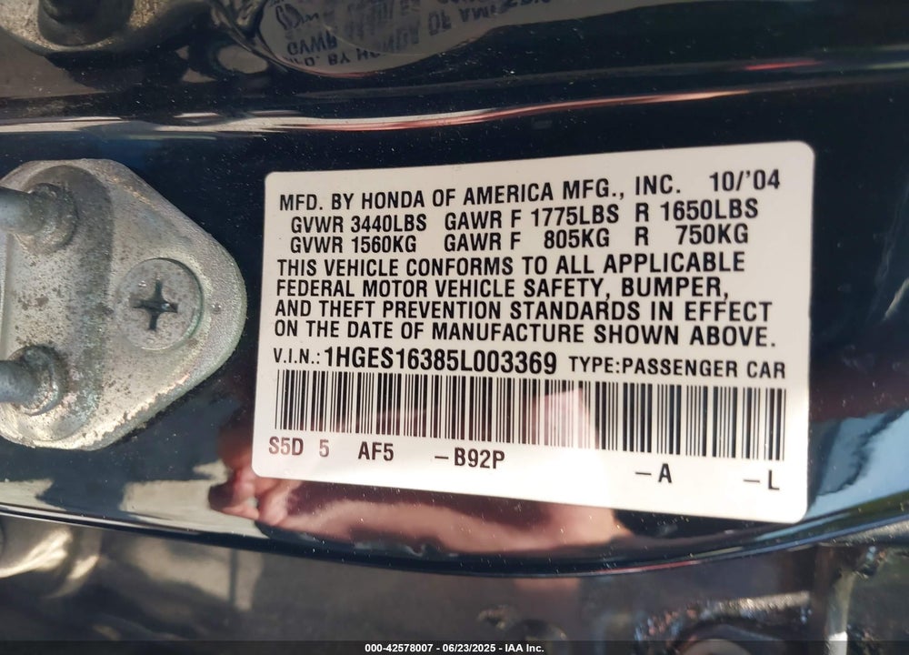 2005 HONDA CIVIC VP VIN: 1HGES16385L003369