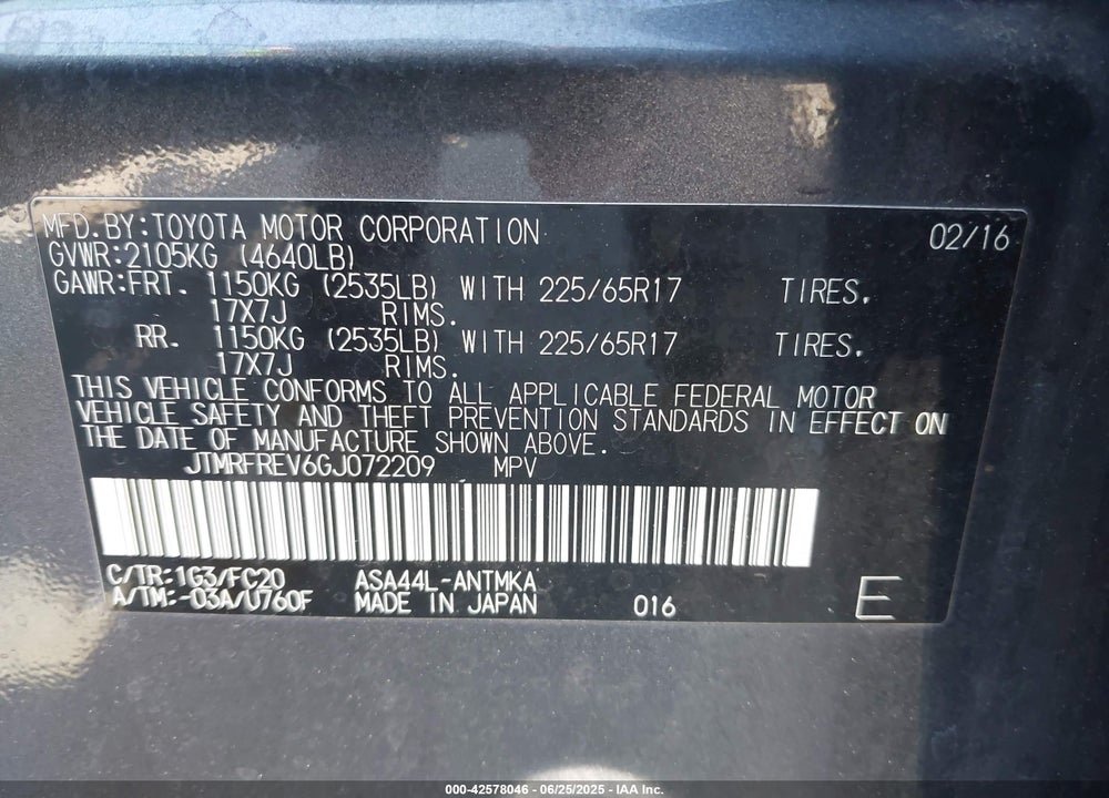 2016 TOYOTA RAV4 VIN: JTMRFREV6GJ072209