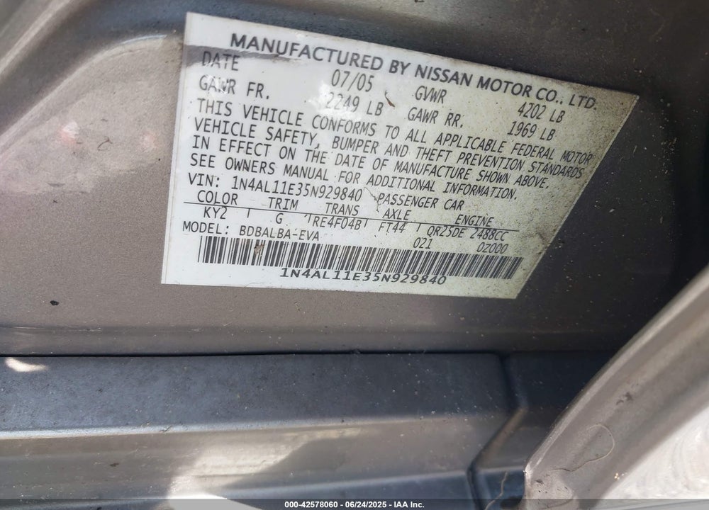 2005 NISSAN ALTIMA 2.5 S VIN: 1N4AL11E35N929840