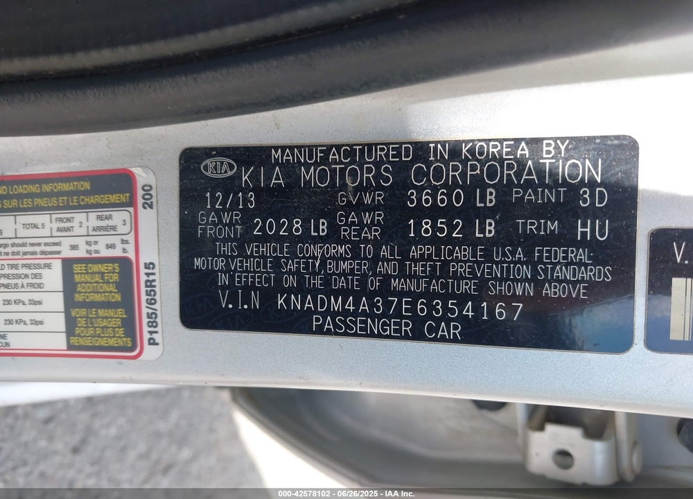 2014 KIA RIO VIN: KNADM4A37E6354167