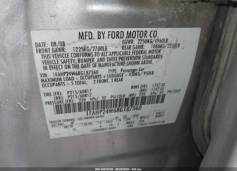 2008 FORD TAURUS SEL VIN: 1FAHP24W68G187360