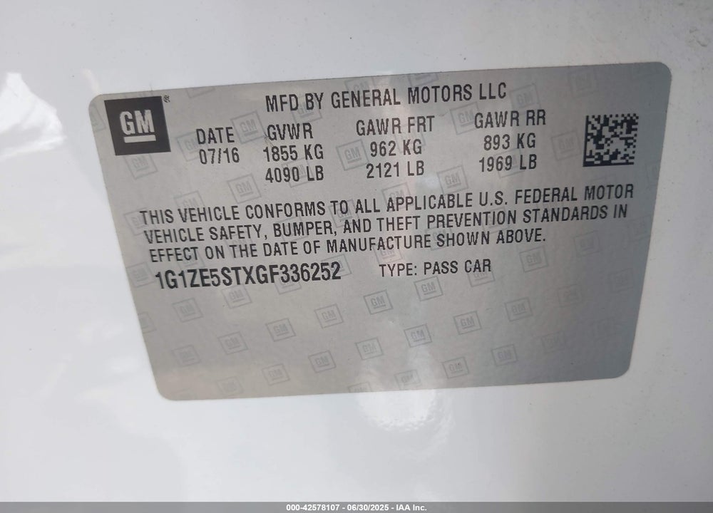 2016 CHEVROLET MALIBU VIN: 1G1ZE5STXGF336252