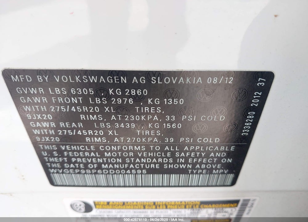 2013 VOLKSWAGEN TOUAREG VIN: WVGEP9BP6DD004595