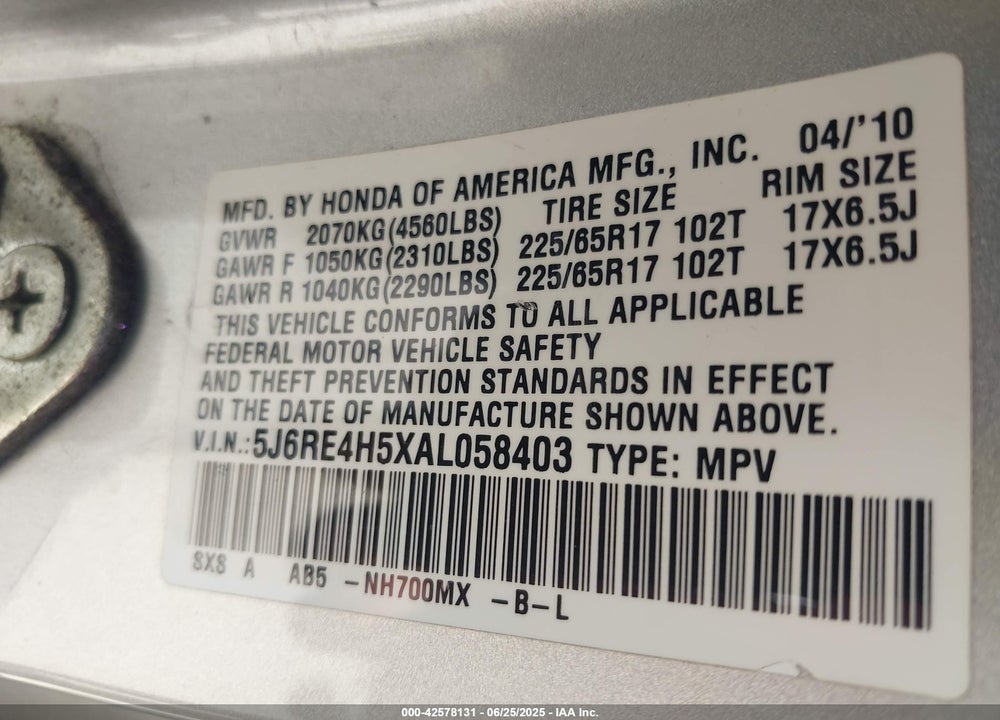 2010 HONDA CR-V VIN: 5J6RE4H5XAL058403