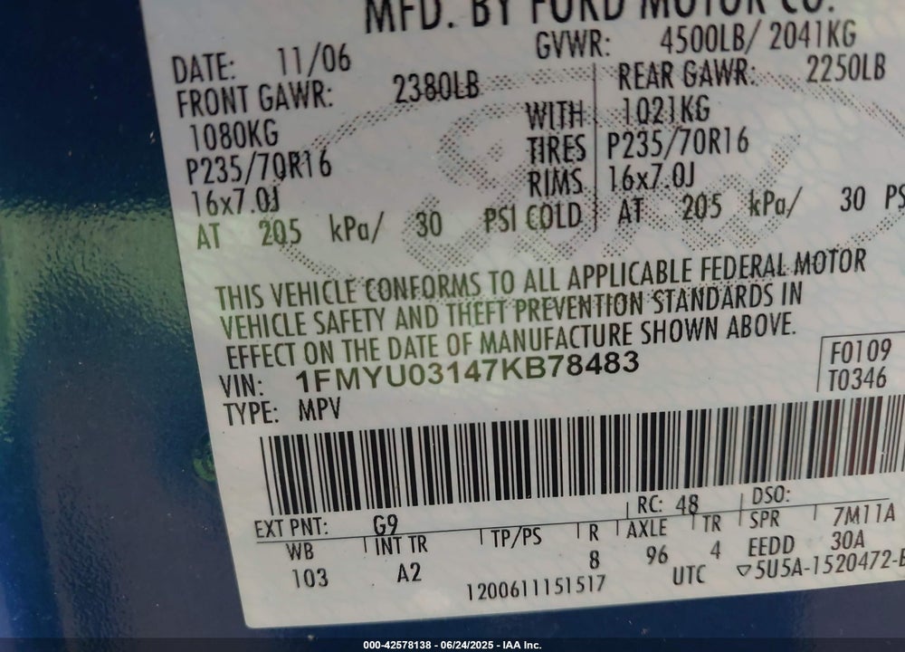 2007 FORD ESCAPE VIN: 1FMYU03147KB78483