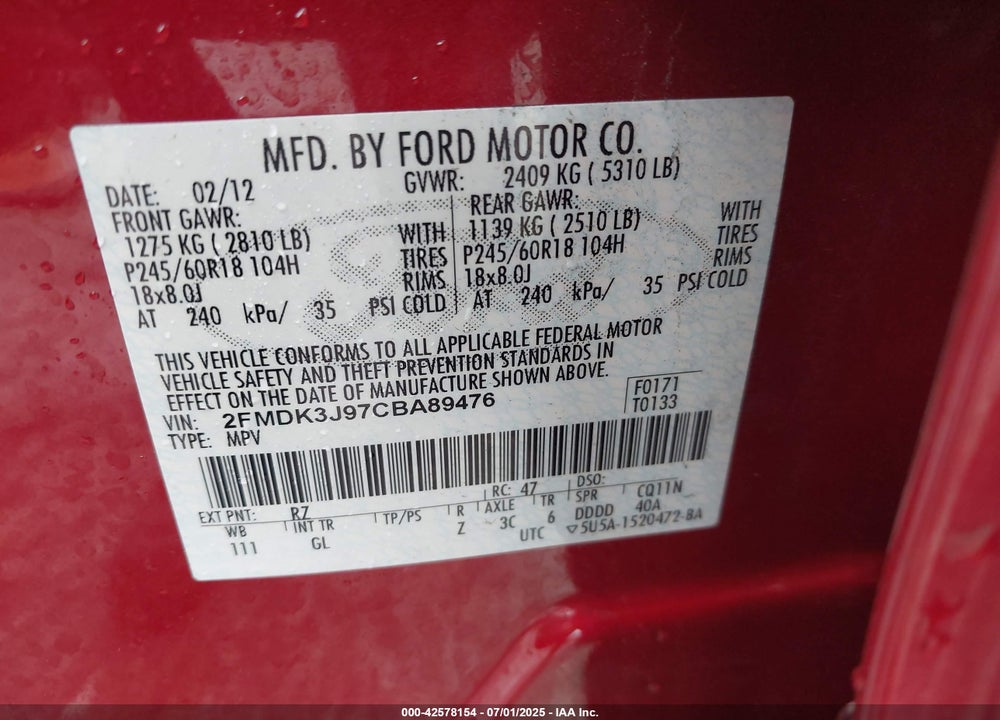 2012 FORD EDGE SEL VIN: 2FMDK3J97CBA89476