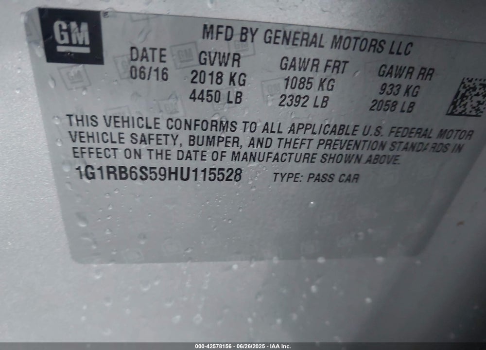 2017 CHEVROLET VOLT PREMIER VIN: 1G1RB6S59HU115528