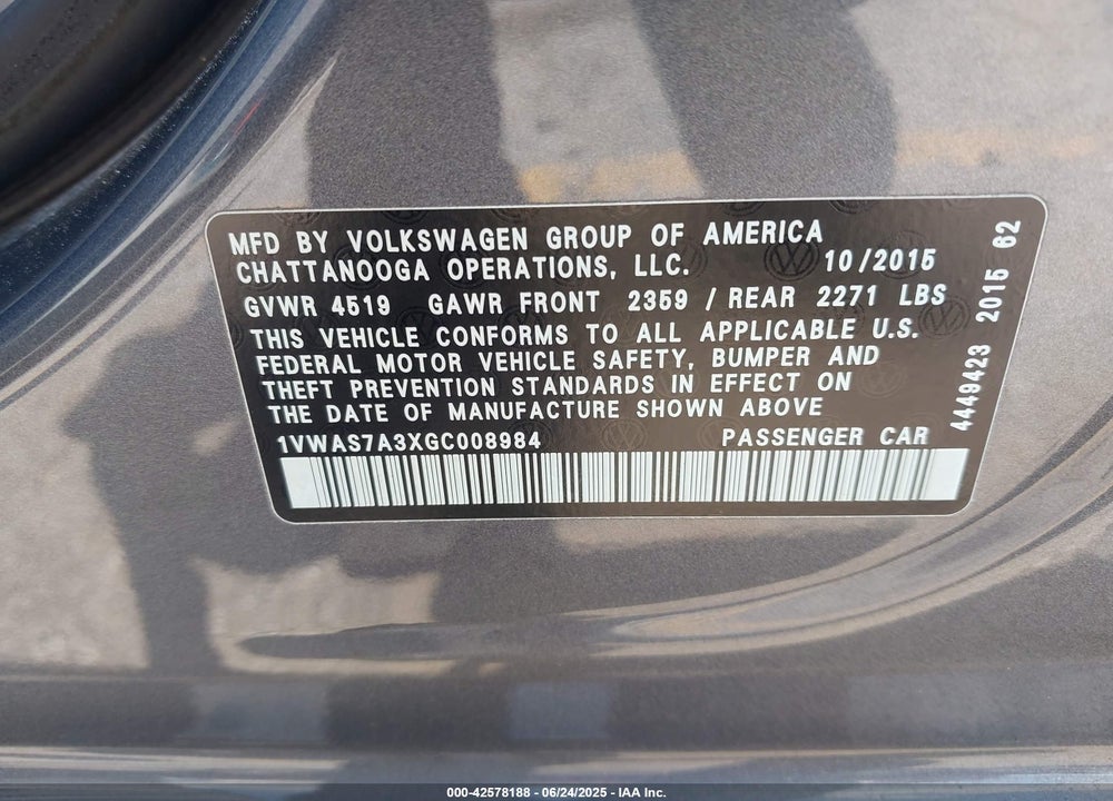 2016 VOLKSWAGEN PASSAT VIN: 1VWAS7A3XGC008984