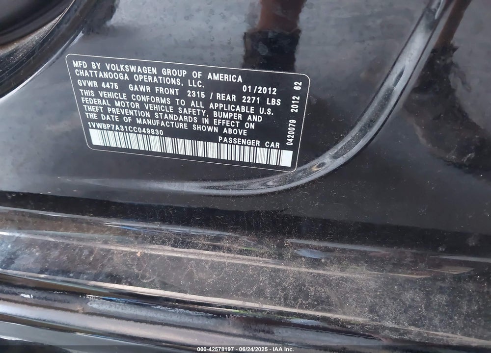 2012 VOLKSWAGEN PASSAT VIN: 1VWBP7A31CC049830