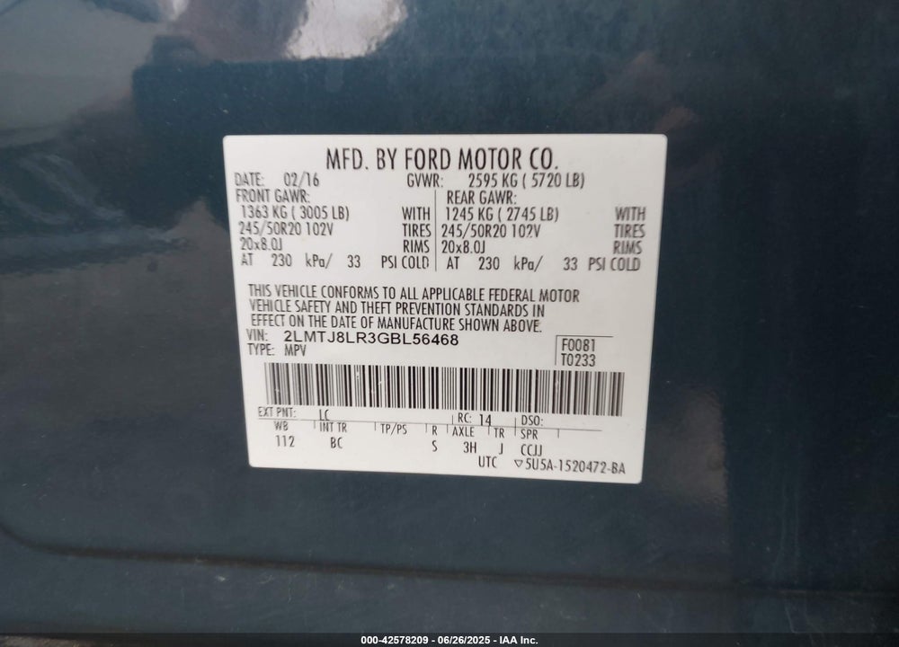 2016 LINCOLN MKX VIN: 2LMTJ8LR3GBL56468