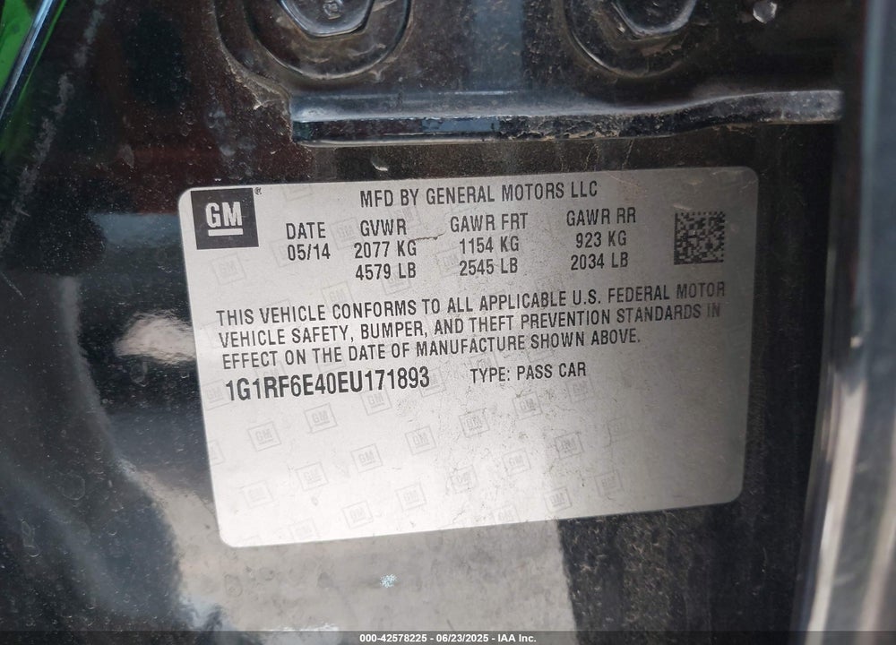2014 CHEVROLET VOLT VIN: 1G1RF6E40EU171893