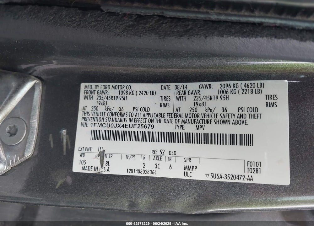 2014 FORD ESCAPE VIN: 1FMCU0JX4EUE25679