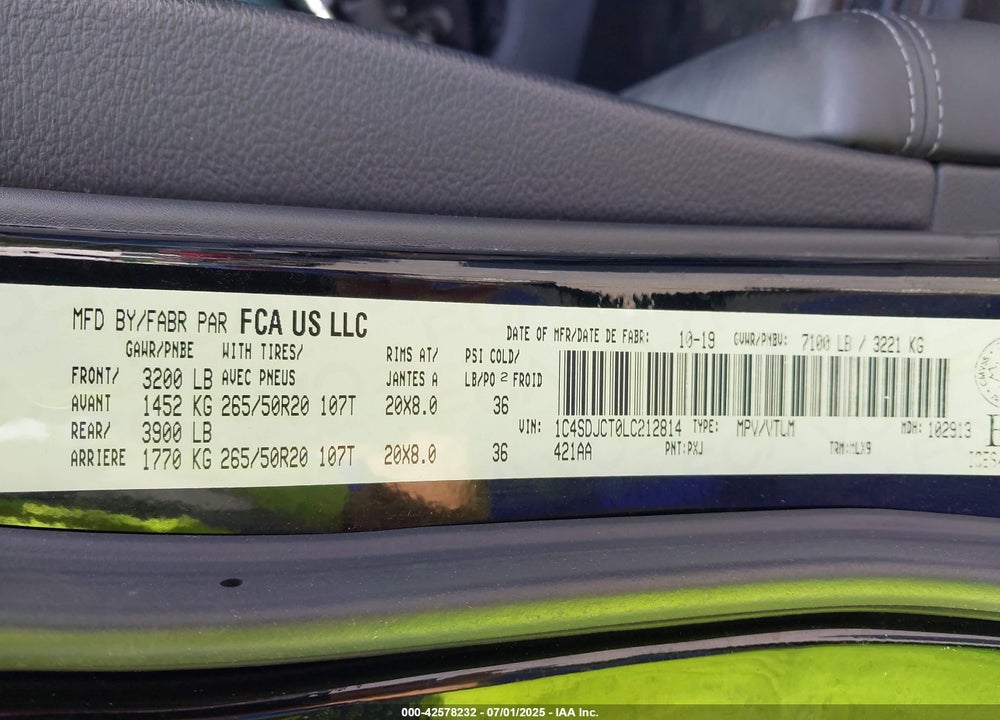 2020 DODGE DURANGO VIN: 1C4SDJCT0LC212814
