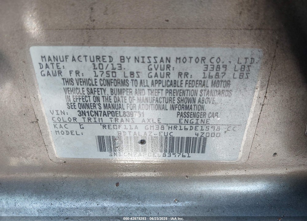2014 NISSAN VERSA 1.6 S+ VIN: 3N1CN7AP0EL839761