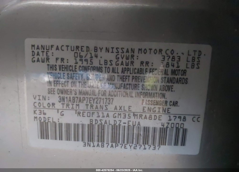 2014 NISSAN SENTRA VIN: 3N1AB7AP7EY271737