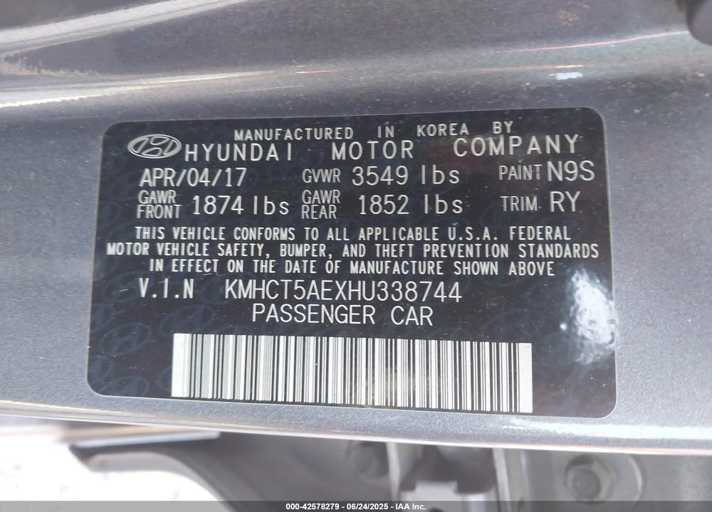 2017 HYUNDAI ACCENT VIN: KMHCT5AEXHU338744