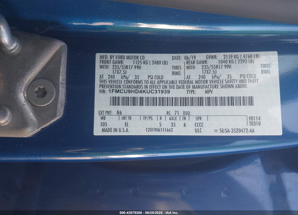 2019 FORD ESCAPE VIN: 1FMCU9HD4KUC31939