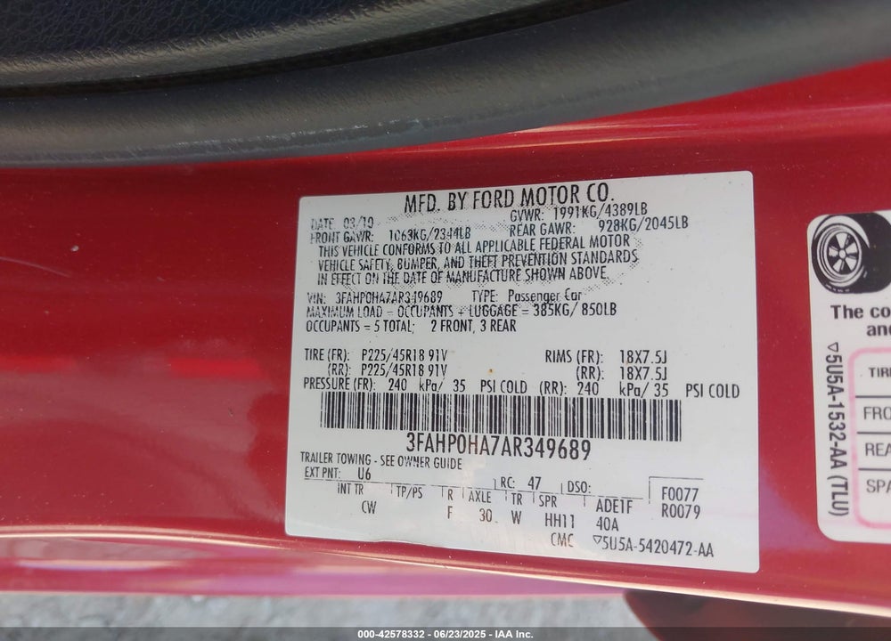 2010 FORD FUSION VIN: 3FAHP0HA7AR349689