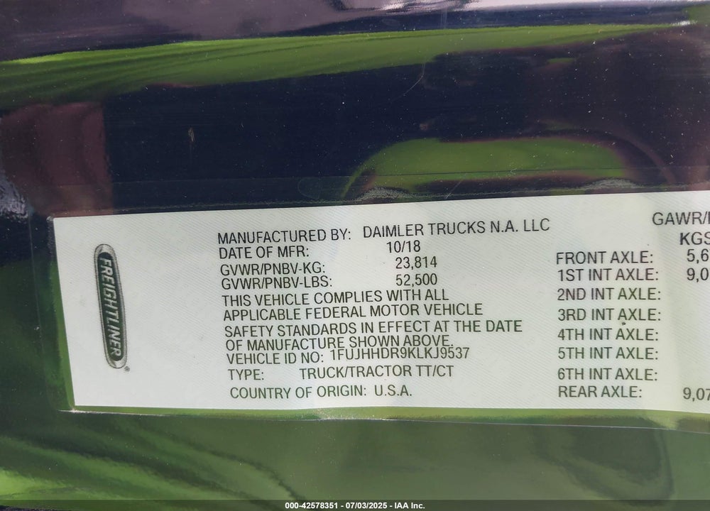 2019 FREIGHTLINER NEW CASCADIA 126 VIN: 1FUJHHDR9KLKJ9537