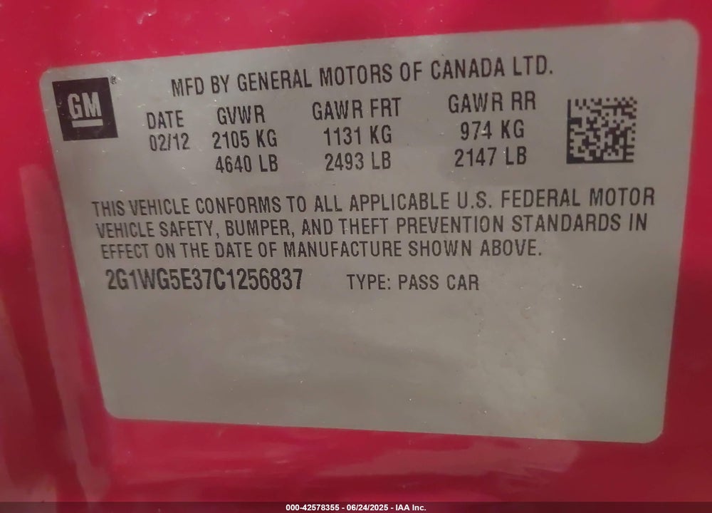 2012 CHEVROLET IMPALA VIN: 2G1WG5E37C1256837