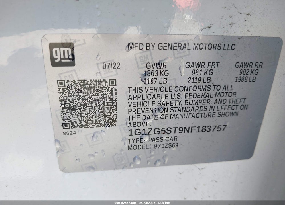 2022 CHEVROLET MALIBU VIN: 1G1ZG5ST9NF183757