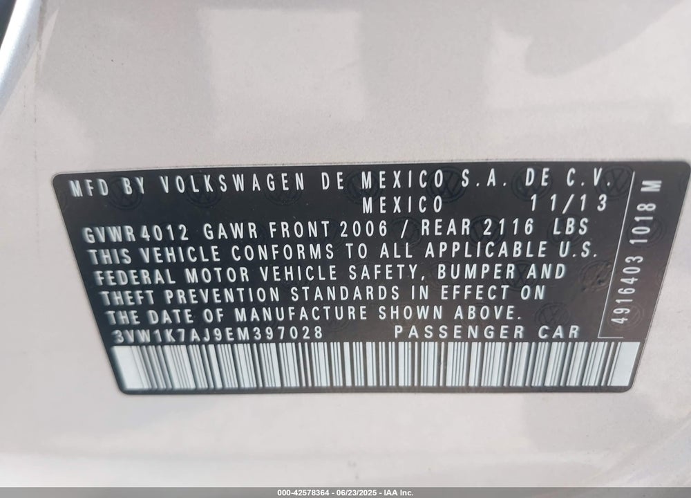 2014 VOLKSWAGEN JETTA VIN: 3VW1K7AJ9EM397028